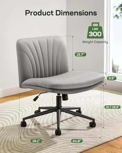 Marsail Criss Cross Office Chair with Wheels, Armless Wide Desk Chair for Active Sitting, PU Leather Cross Legged Chair for Home Office, Pet-Friendly & Easy Clean, Grey
