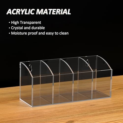 Acrylic Pen Holder Organizer 4 Compartments, Clear Makeup Brush Holder, No Drill Wall Mounting Pencil Holder for Office Accessories