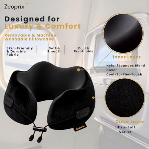 Memory Foam Travel Neck Pillow for Airplane, Neck Support, Black