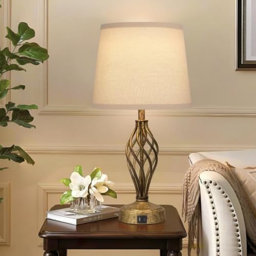 Ruiever Touch Table Lamps Set of 2, nightstand lamp with USB Ports Bedside 3 Way Touch dimmer Desk lamp for Living Room Bedroom,Antique Gold Spiral cage Base Design Warm White dimmer Bulbs Included.