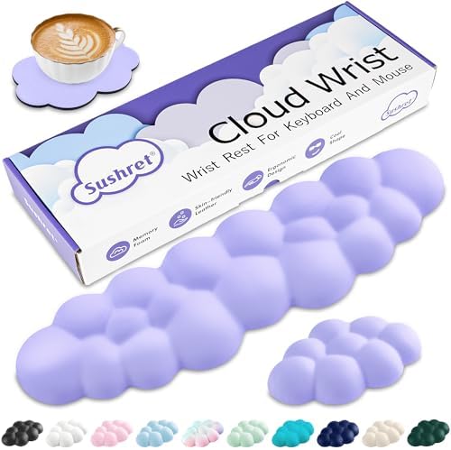 Sushret Cloud Wrist Rest Keyboard, Cloud Keyboard Wrist Pad Set with PU Leather Memory Foam, Cute Arm Rest for Palm Support, PC/Gaming Desk Accessories/Office Setup/Computer Hand Cushion - Purple
