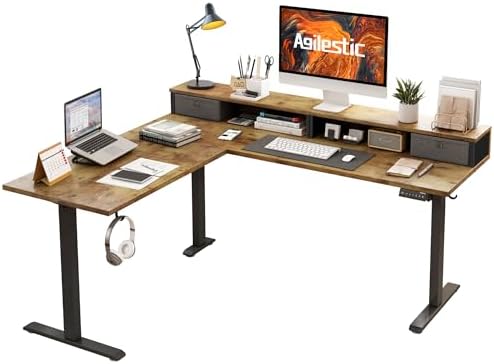 Agilestic 63 Inch L Shaped Electric Standing Desk with Drawer, Rustic Brown