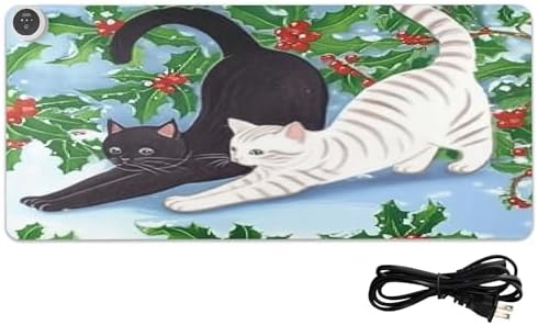 Cat Stretching Heated Mouse Pad Gaming Mouse Pad Waterproof PU Leather Mat Keep Your Hand Foot Warmer, 3 Heat Levels & Auto Shut-Off for Home Office 13x31.5 in