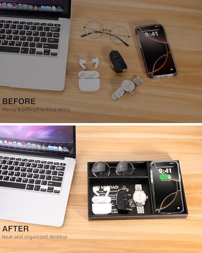 TopMade Valet Tray for Men, Built in Wireless Charging Pad, Nightstand Dresser Organizer, Faux Leather Mens Jewelry Box with Charging Station, Black
