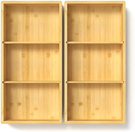 DUJEN 2 Pieces Bamboo Drawer Organizer 12.5'' X 6'' X 2'', Adjustable 2 Individual Junk Drawer organizer for Bathroom and Kitchen, Wood Drawer Organier Boxes for Jewellery, Make up and Tea Bag