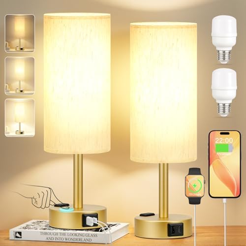 Touch Bedside Table Lamps Set of 2 - Bedroom Lamp with USB A+C, AC Outlet