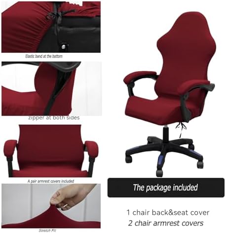 Gaming Chair Cover Set with Armrest Covers, Stretch Ruffled Slipcover for Racing Office Computer Reclining Chairs (Wine red)