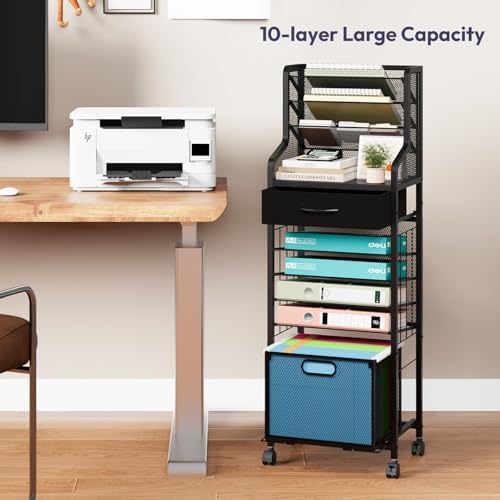 SWTYMIKI 10-Tier Rolling File Cart - Mesh Paper Organizer with Drawer and Hanging File Folders on Lockable Wheels, Rolling File Cabinet for Office Organization, Storage in Home, Studio, School, Black