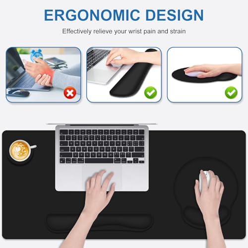 Mouse Pad Desk Pad Protector, Keyboard Wrist Rest + Mousepad Wrist Rest +Coaster, Large Gaming Mouse Pad for Computer Keyboard Desks Laptop, XXL Desk Mat Writing Pad for Office and Home, Cool Black