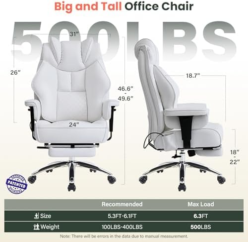 CIOMAN 500lbs Big and Tall Office Chair Adjustable Lumbar Support, Extra Wide Seat Ergonomic Gaming Chair with Footrest, Heavy Duty High Back Executive Leather Computer Desk Chair, White