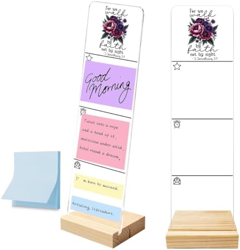 Sticky Note Holder, Monitor Memo Board, Acrylic Post It Note Holder with Wooden Base, Includes 100 Notes, Desk Organizer, Christian Quote “for We Walk By Faith Not By Sight” Floral