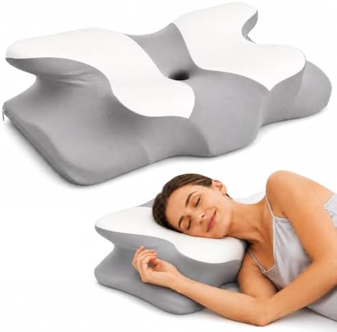 Ergonomic Cervical Memory Foam Pillow for Neck and Shoulder Support, Contour Butterfly Bed Pillow with Breathable Cover, Neck Support Pillow for Side Back and Stomach Sleepers (ELOVNOVA-Gray)