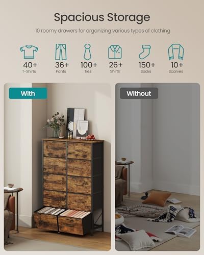 SONGMICS Dresser for Bedroom, Tall Dresser with 10 Fabric Drawers