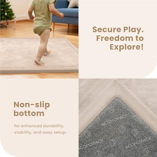 ACOMOPACK Baby Play Mat for Floor 1.3" Thick Memory Foam Play Mat 79×158" Tummy Time Crawling with Non-slip Bottom for Living Room,Nursery,Soft Velvet Playpen Mats for Kids,Infants（Beige）