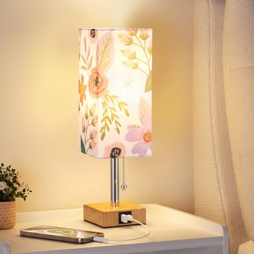 aooshine Flower Small Table Lamp for Bedroom - 3 Color Temperature 3000K 5000K 4000K Bedside Lamp, Pull Chain Control, USB A and C Ports, Bulb Included