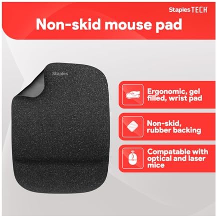 Staples TECH Mouse Pad with Gel Wrist Rest, Non-Slip, Black, 53326