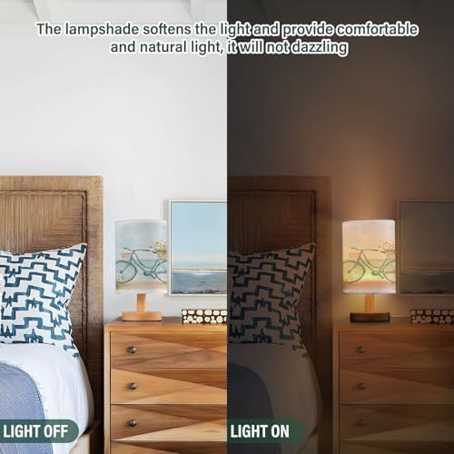 Bedside Lamp Bike Bicycle Flower Coast Table Lamp for Bedroom LED Nightstand Lamp Shade USB Ports Wood Base for Living Room Dorm Office