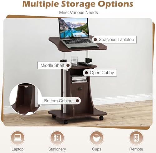 Tangkula Rolling Lectern Podium Stand, Height Adjustable Laptop Table with Tilting Tabletop & Storage Shelves, Compact Standing Desk with Lockable Casters for Home Office School (Brown)