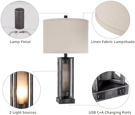Set of 2 Industrial Table Lamps for Living Room with USB C+A