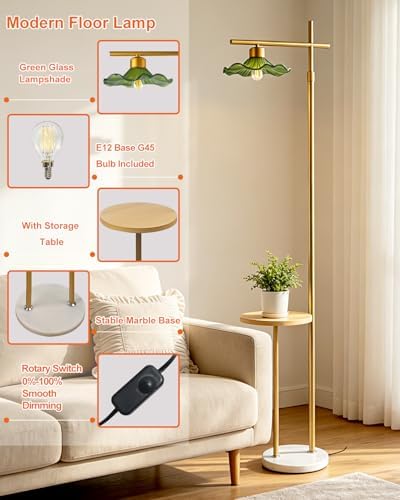Lightdot Glass Floor Lamp with Table Green Lotus Leaf Gold Standing Lamp