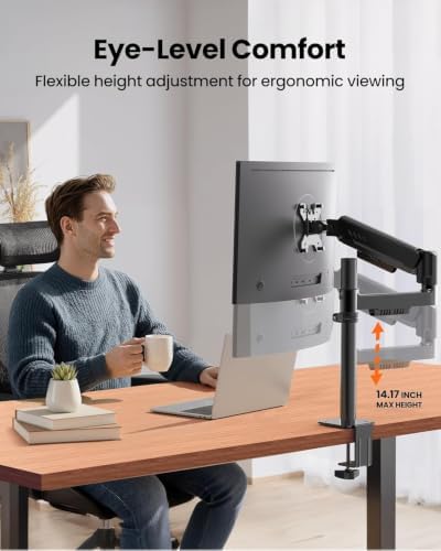 ErGear Single Monitor Arm, Adjustable Desk Gaming Monitor Mount for 13-34″ Screens, Up to 19.8 lbs, Enhanced Stability with Integrated C-Clamp, Upgraded Cable Management, VESA 75x75/100x100mm, Black