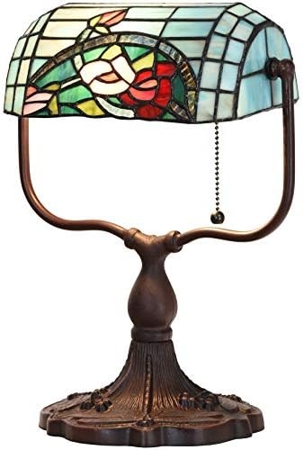 Bieye L10760 Rose Flower Tiffany Style Stained Glass Bankers Desk Lamp Table Lamp for Working Office Living Room Bedside Home Decoration, 9" W x 15" H, Red Green