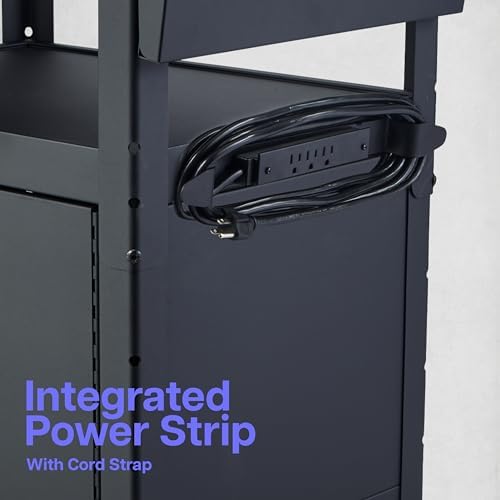 Leader Adjustable Height Rolling AV Cart, Mobile Workstation with Drop Leaf Shelves, Pullout Keyboard Tray, Locking Steel Cabinet, Power Strip for Classroom and Office Use (Black, 24-42 Inch)