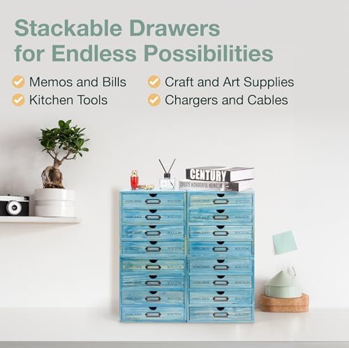 4-Pack Turquoise Countertop Organizer Drawers - Stackable 4-Drawer Mini Filing Cabinets for Desktop - 9.7x7x10in European Country Style Storage Drawers w/Label Holders, Fully Assembled