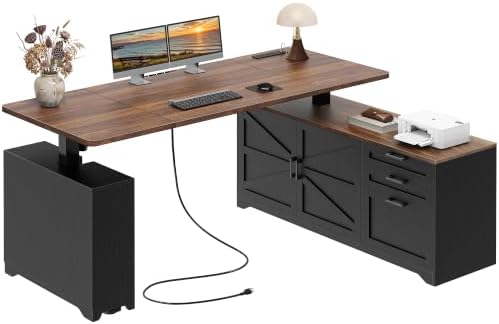 PRAISUN 63'' Farmhouse L Shaped Standing Desk with Outlets and Drawers