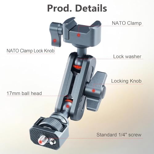 Small Magic Arm with NATO Clamp and 1/4"-20 Screw (with Retractable Pins), 360 Degree Rotation, Max Load of 12 Ib Magic Arm for Field Monitor, Camera and Lights