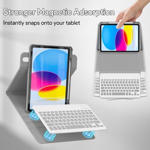 YBING Keyboard Case for iPad 10th Gen 10.9 inch (2022) & 11th Gen (A16, 2025), 7-Color Backlit Detachable Bluetooth Keypad & Rotatable Magnetic Case with Pencil Holder (Gray)