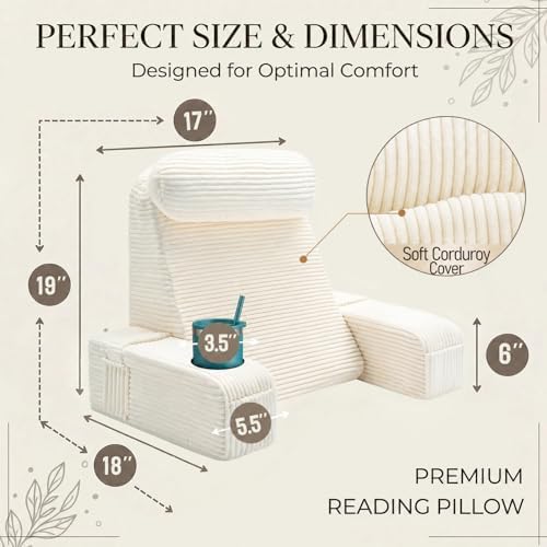 Reading Pillow for Adults, Back Pillow for Bed Sitting Up, Backrest Pillow for Sitting in Bed, Detachable Arms with Built-in Cup & Phone Caddy (Beige-Corduroy, 19 INCH)