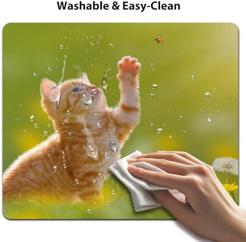 9.5x7.9 Inch Office/Gaming Mouse Pad, Lovely Orange Tabby Kitten Playing with Ladybug Adorable Spring Cat Pet, Cute Anti-Slip Mat for Desk Decor