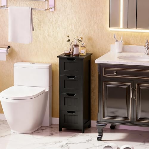 Bathroom Floor Storage Cabinet, Freestanding Wooden Side Organizer w/4 Drawers & Anti-Tip Kit for Bathroom Living Room Hallway Office Study, Black
