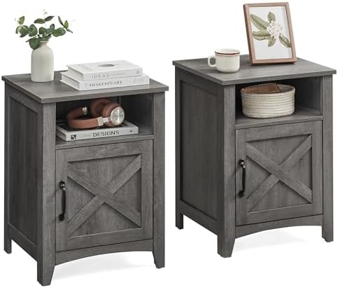 VASAGLE Farmhouse Nightstand with Barn Door, Bedside Table for Bedroom