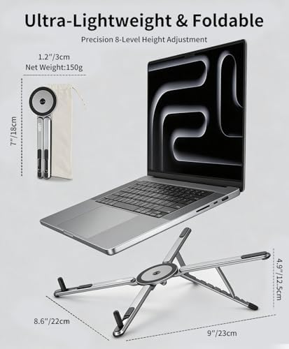 Laptop Stand for Desk, 8-Level Adjustable, Magnetic Phone Mount Silver