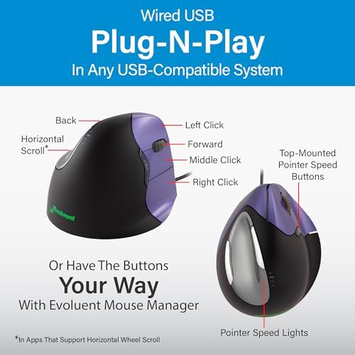 Evoluent – Inventor of The Vertical Mouse – VM4S Ergonomic Vertical Mouse Right Hand Small Wired USB, Sculpted for Comfort, Reduces Wrist Strain, 4 Speeds, 6 Customizable Buttons in Windows