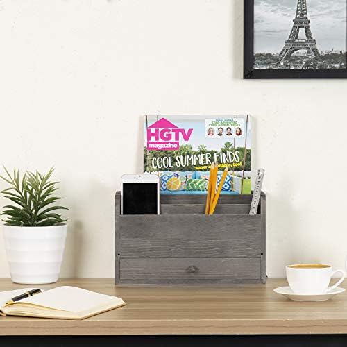 MyGift Rustic Gray Solid Wood Office Desk Supplies and Stationery Organizer, 5 Slot Wooden Desktop Mail Sorter, Document and Magazine Holder with Pull Out Drawer