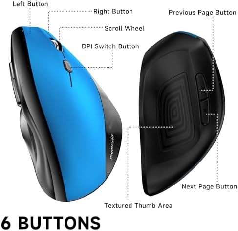 memzuoix Ergonomic Mouse Wireless,2.4G Optical Cordless Mice with 800/1200/1600 DPI,Vertical Computer Wireless Mouse for Laptop, Mac,PC,Desktop (for Right Hand, Large),Blue