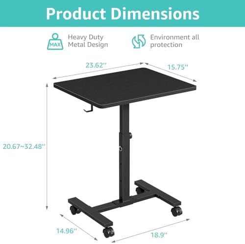 WINAZ Small Portable Laptop Rolling Desk - 24 Inch Mobile Computer Desk Adjustable Height with Wheels for Small Spaces Home Office, Kids Couch Desks Side End Table, Black
