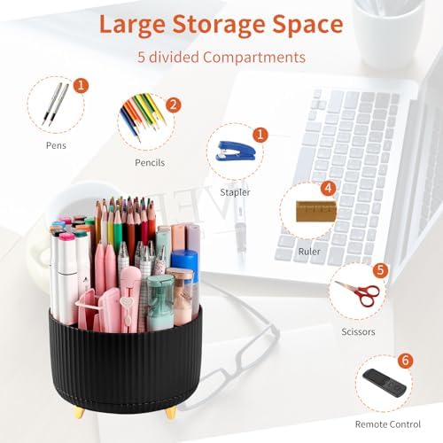 Desk Pencil Pen Holder, 5 Slots 360°Degree Rotating Pen Organizers for Desk, Desktop Storage Stationery Supplies Organizer, Cute Pencil Cup Pot for Office, School, Home, Art Supply, Black