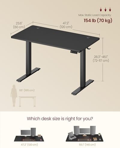 VASAGLE Electric Standing Desk, Height Adjustable, 47.2 x 23.6 Inches