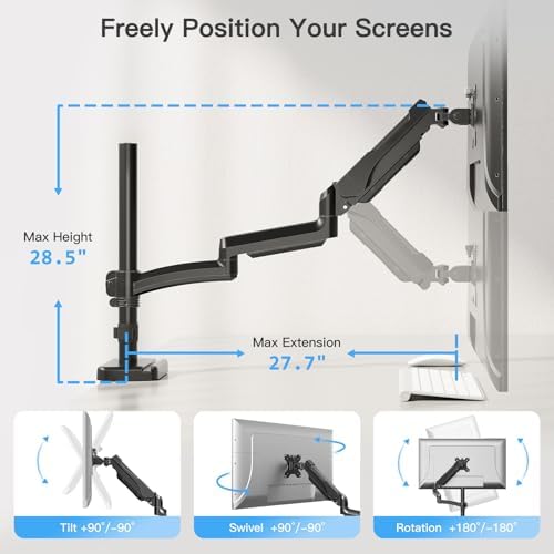 MOUNTUP 27 inch Extra Long Monitor Arm, Single Desk Mount for 22-32 inch, Tall Monitor Stand Holds 4.4-19.8lbs, Height Adjustable Monitors Stand for Desk with C-Clamp/Grommet Base, Black
