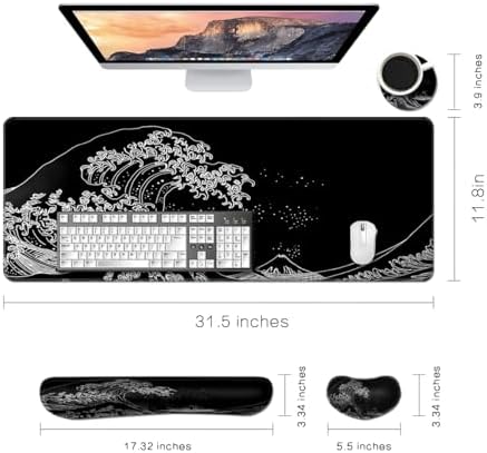 MIBITRI Keyboard Mouse Pad Set, Extended Gaming Mouse Pad+Ergonomics Keyboard Wrist Rest Support, Memory Foam, Easy Typing Pain Relief, 4Pcs XXL Ultra Thick Desk Mat, Japanese Wave