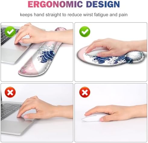 Gaming Mouse Pad, Large Desk Mat, Cute Desk Pad Protector, Pink Cherry Blossoms XXL Mousepad + Keyboard Wrist Rest+Mouse Wrist Rest+Coaster Set with Ergonomic Desk Pad, Japanese Wave of Kanagawa