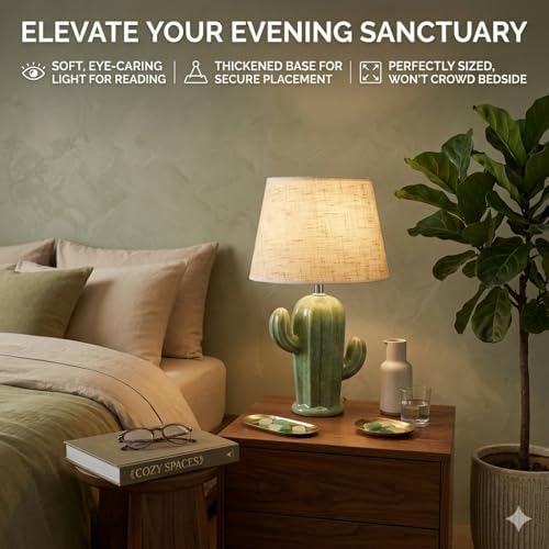 Cactus Lamp, Cute Modern Desk Lamp with Beige Linen Fabric Lampshade & Ceramic Base, Adorable Night Light for Bedroom Nightstand