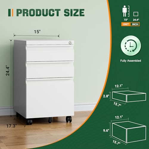 Letaya 3 Drawer Mobile File Cabinet with Lock, Under Desk Metal Filing Cabinets for Home Office Organizer Letters/Legal/A4(Fully Assembled-White) (Pack of 2)