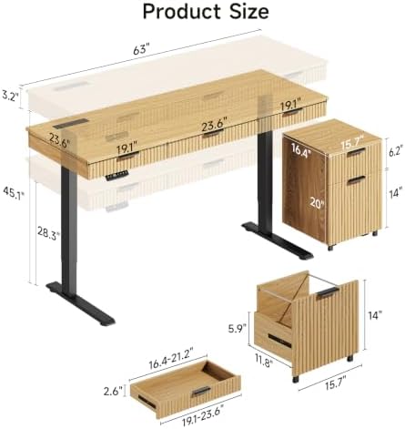 ONBRILL 63" Electric Standing Desk with File Cabinet, Height Adjustable,Oak