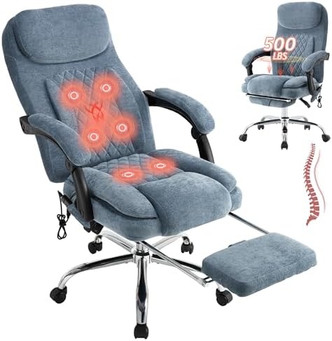 500LBS Massage Office Chair, Reclining 6 Points Vibration and Heat Desk Chair with Foot Rest, Ergonomic Executive Office Chairs, Comfy Wider & Thicker Seat, Big and Tall Gaming Chair, Fabric Blue