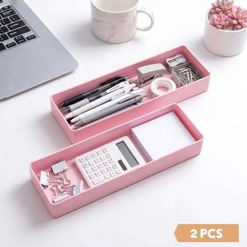 Teling 2 Pcs Pink Plastic Desk Drawer Organizer Pen Tray Shallow